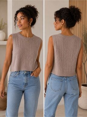 Sleeveless Cable Knit Crop Sweater Vest - Taupe